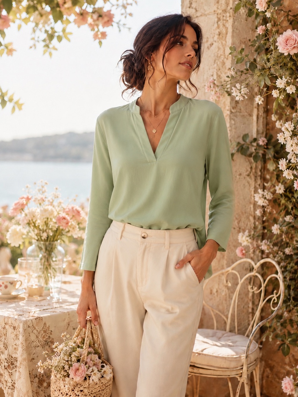 Women's Sage Green V-Neck Long Sleeve Blouse